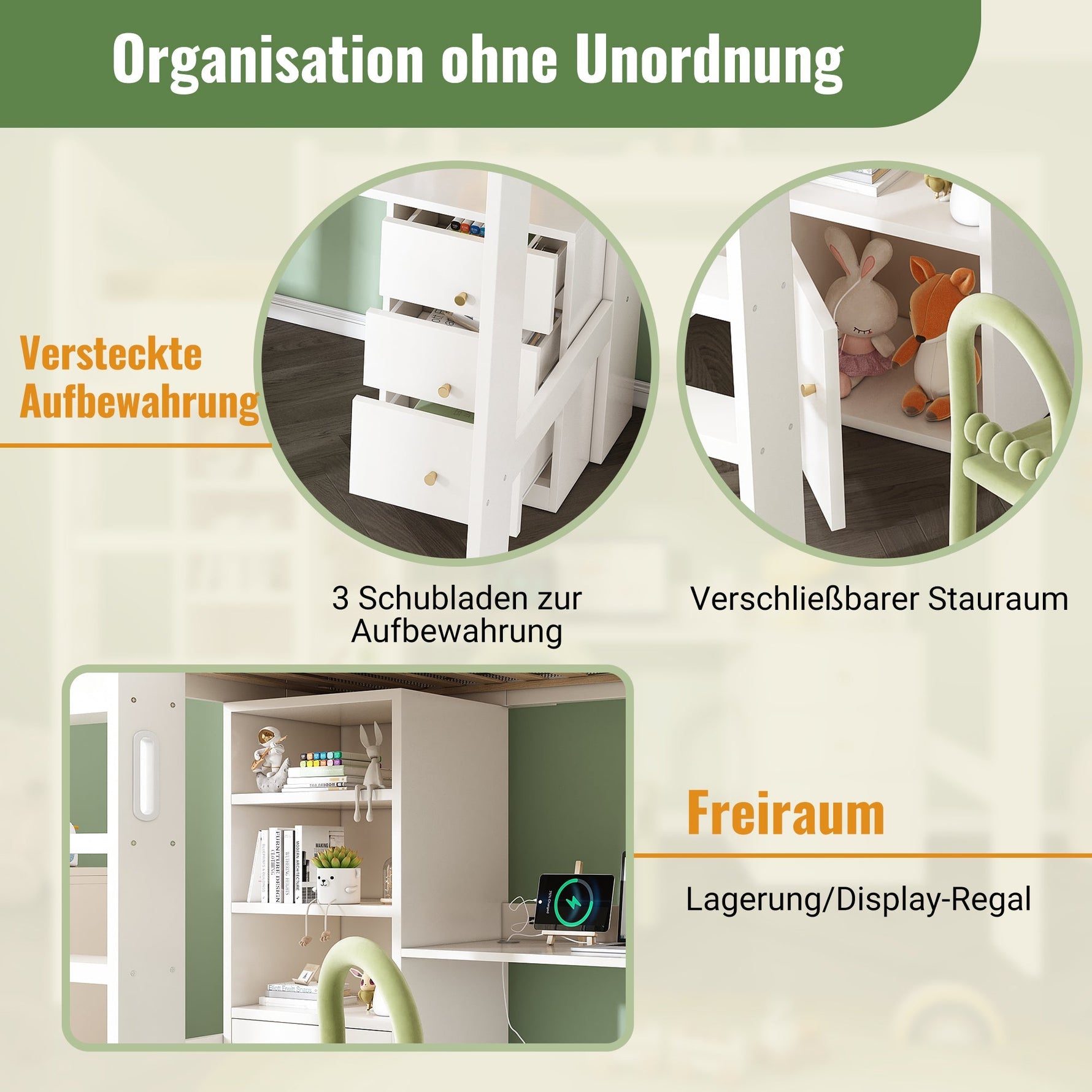 Children's Loft Bed, USB-C Desk, Wardrobe, Filing Cabinet, Stairs, Slatted Frame, Storage, 90x200