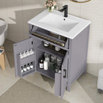 Bathroom Vanity Unit with Integrated Ceramic Sink and Storage Shelves, Grey