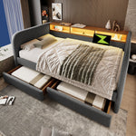 Upholstered Daybed with LED, USB-C and 2 Drawers, 140x190cm, Grey Linen