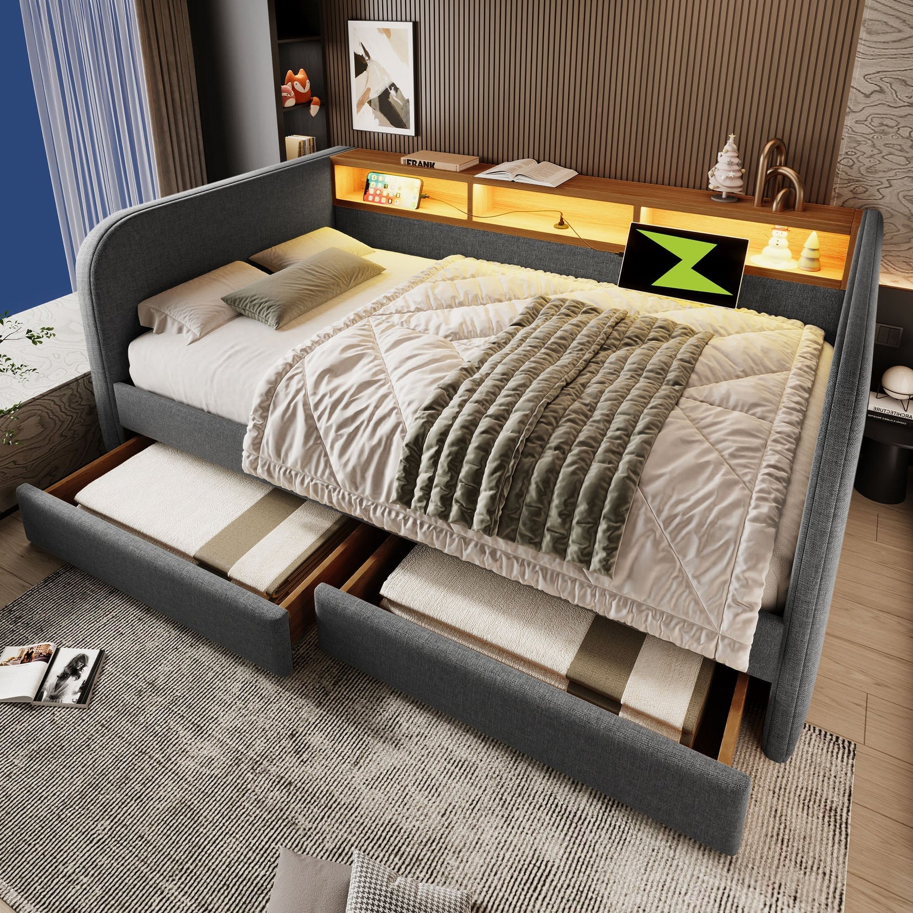 Upholstered Daybed with LED, USB-C and 2 Drawers, 140x190cm, Grey Linen