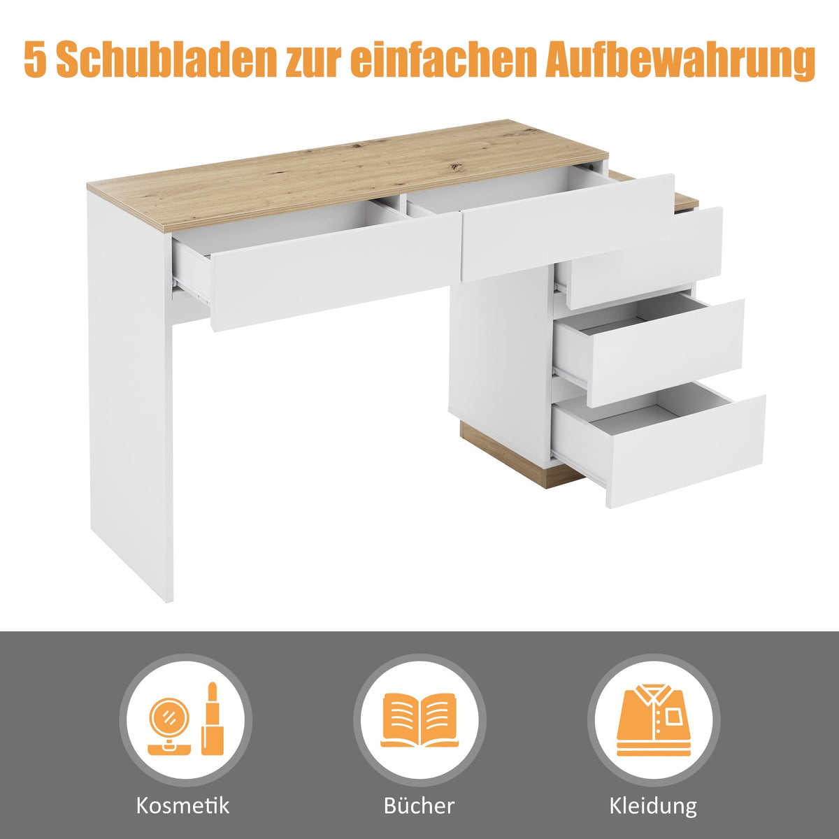 Desk and Dressing Table with 5 Storage Drawers, White and Oak