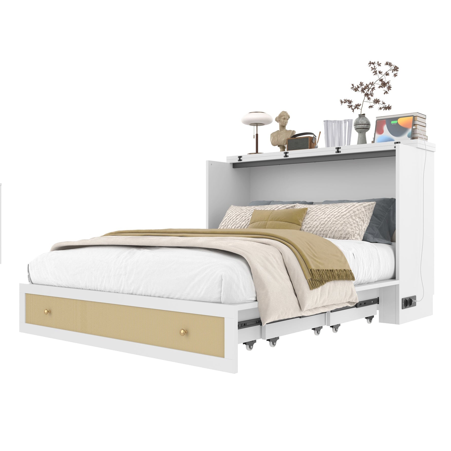 Mobile Wall Bed 140x200 Convertible Storage Drawers Shelf USB/Power Outlet - White