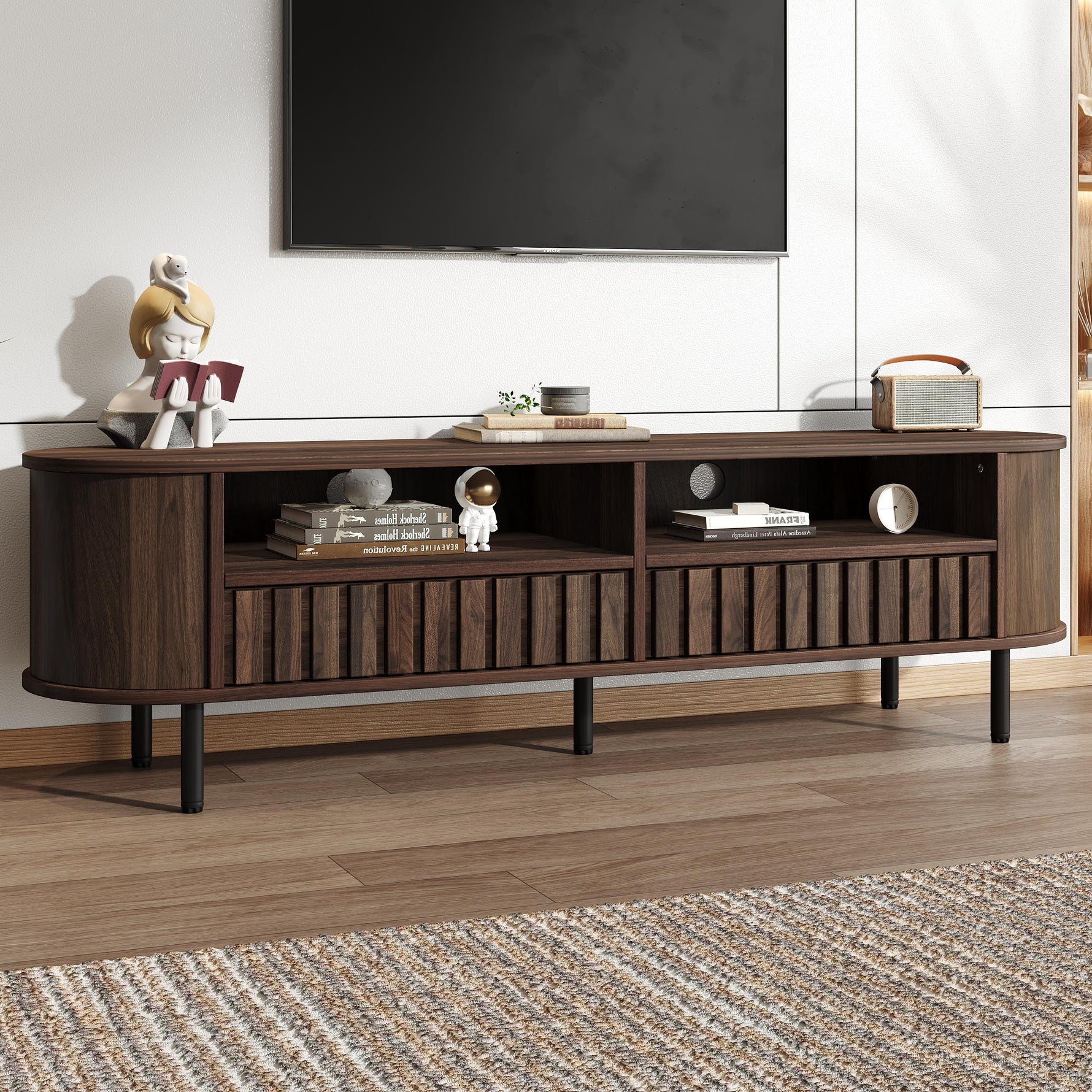 TV Cabinet Lowboard 160cm 2 Cabinets 2 Drawers for 65-inch TV Walnut