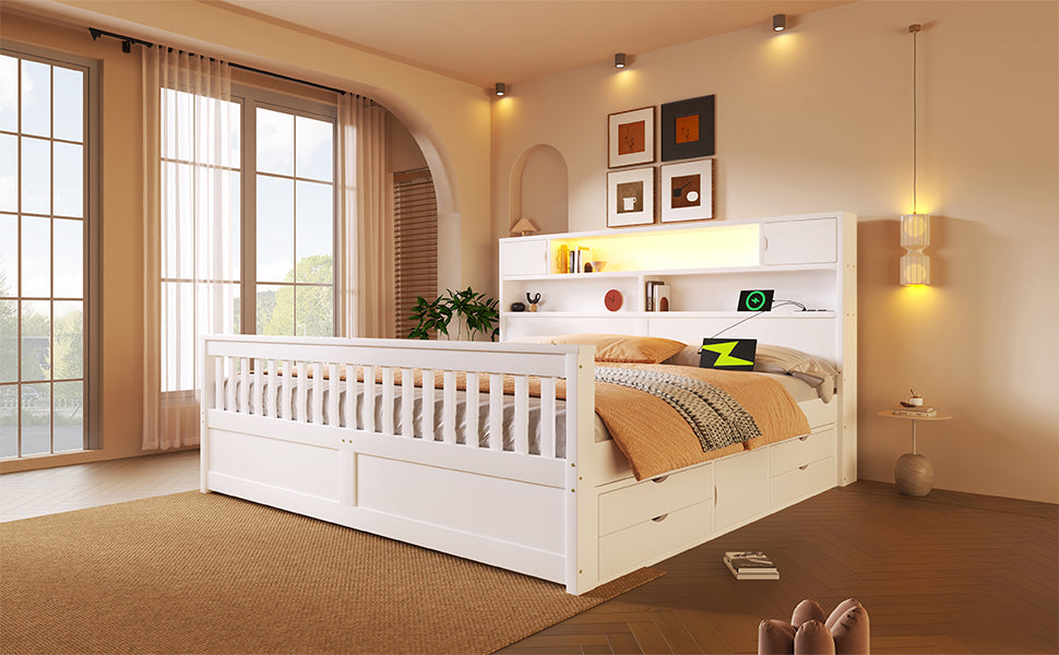 Platform Bed Frame with Storage Shelves, LED, USB and 4 Drawers, 180x200cm, White