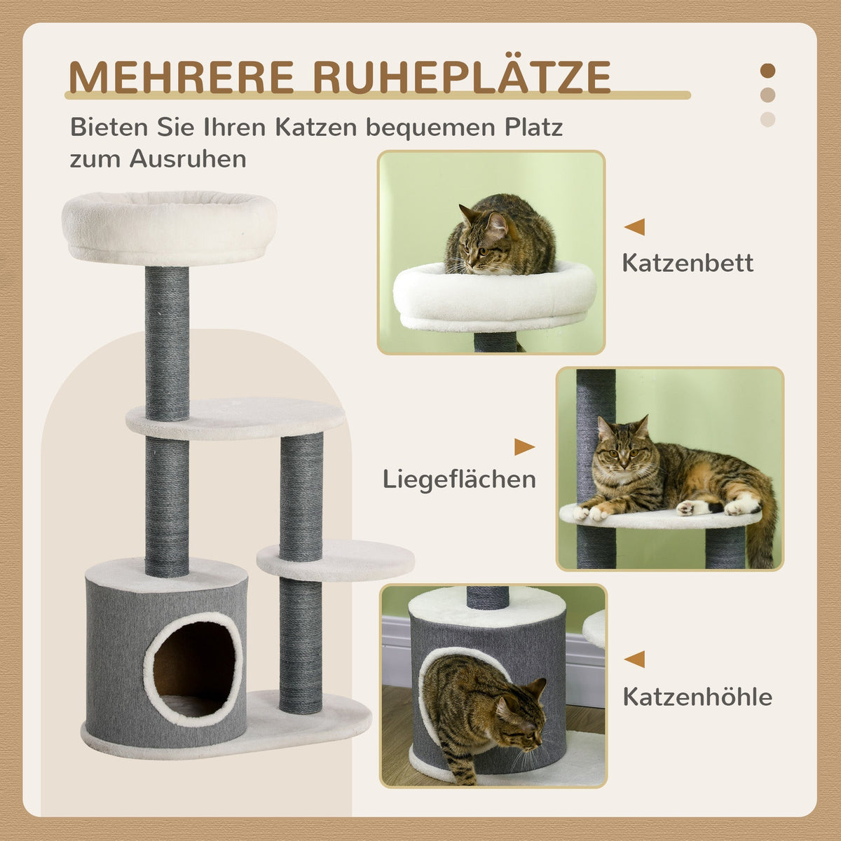 Cat Tree 98cm, Scratching Board, Cave, 3 Platforms, Grey and White