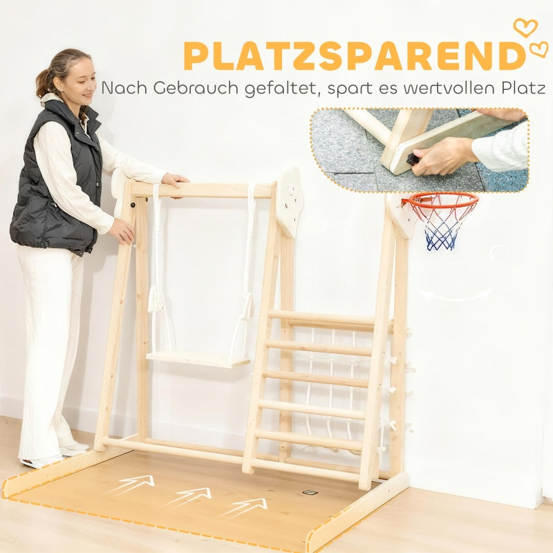 5-in-1 Indoor Climbing Frame with Slide, Swing and Basketball Hoop, Natural Wood