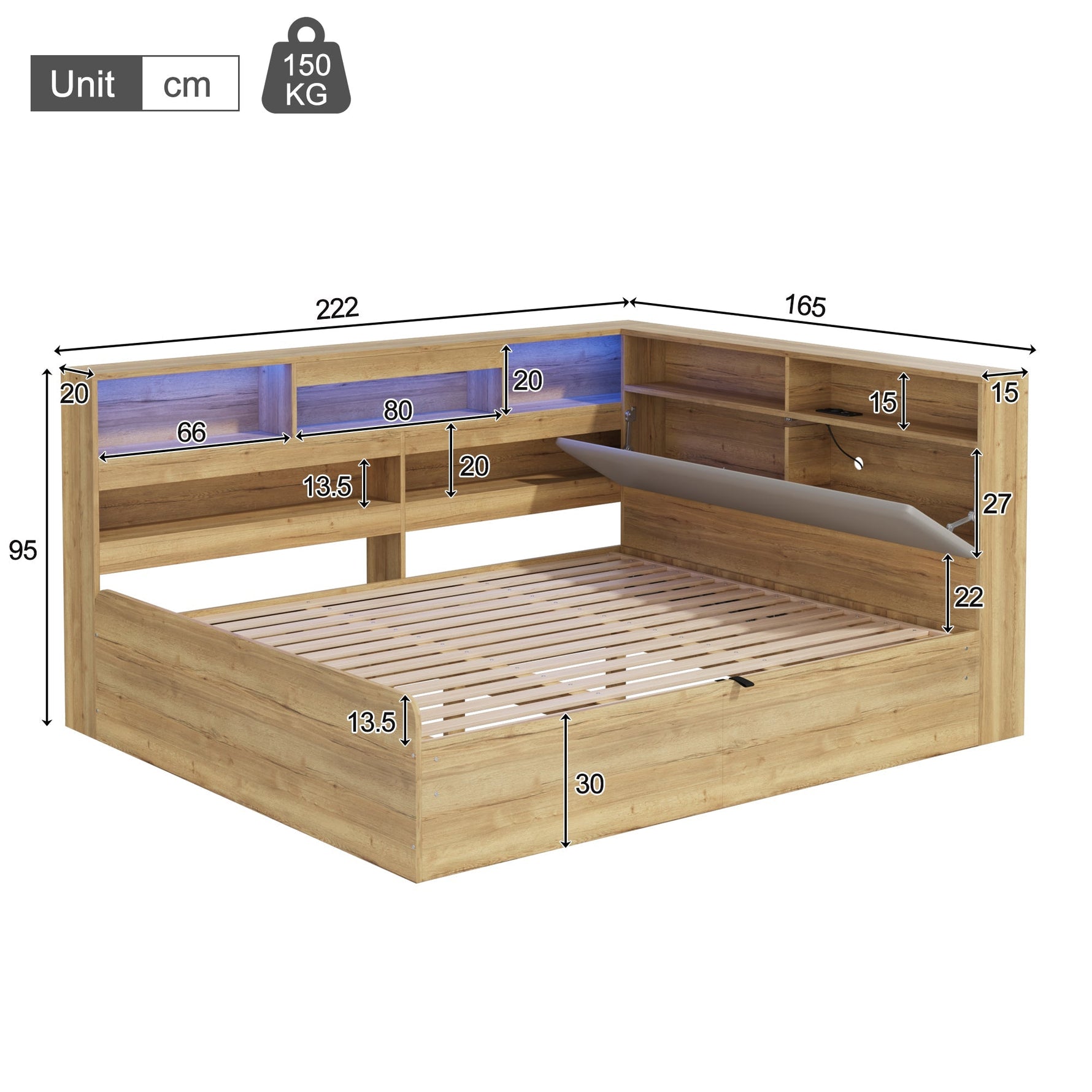 Daybed with Hydraulic Storage, USB Charging and LED Lighting, 140x200cm, Natural Wood