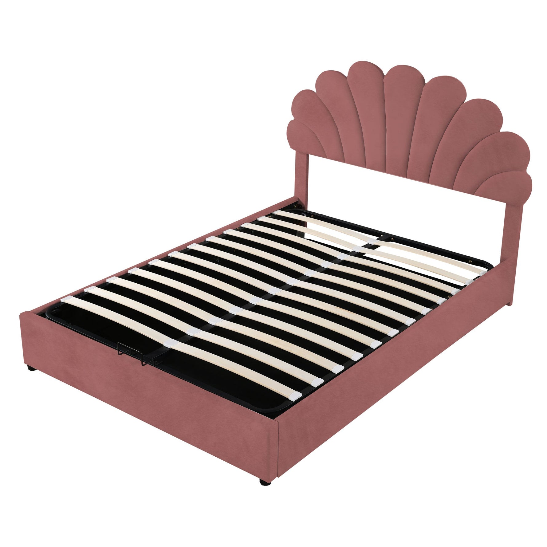 Upholstered Bed, 140x200cm, Floral Headboard, Hydraulic Storage, Pink Velvet