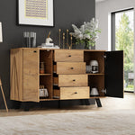 Sideboard Cabinet 120cm Hollow Design 4 Drawers 5 Solid Wood Legs, Wood Color