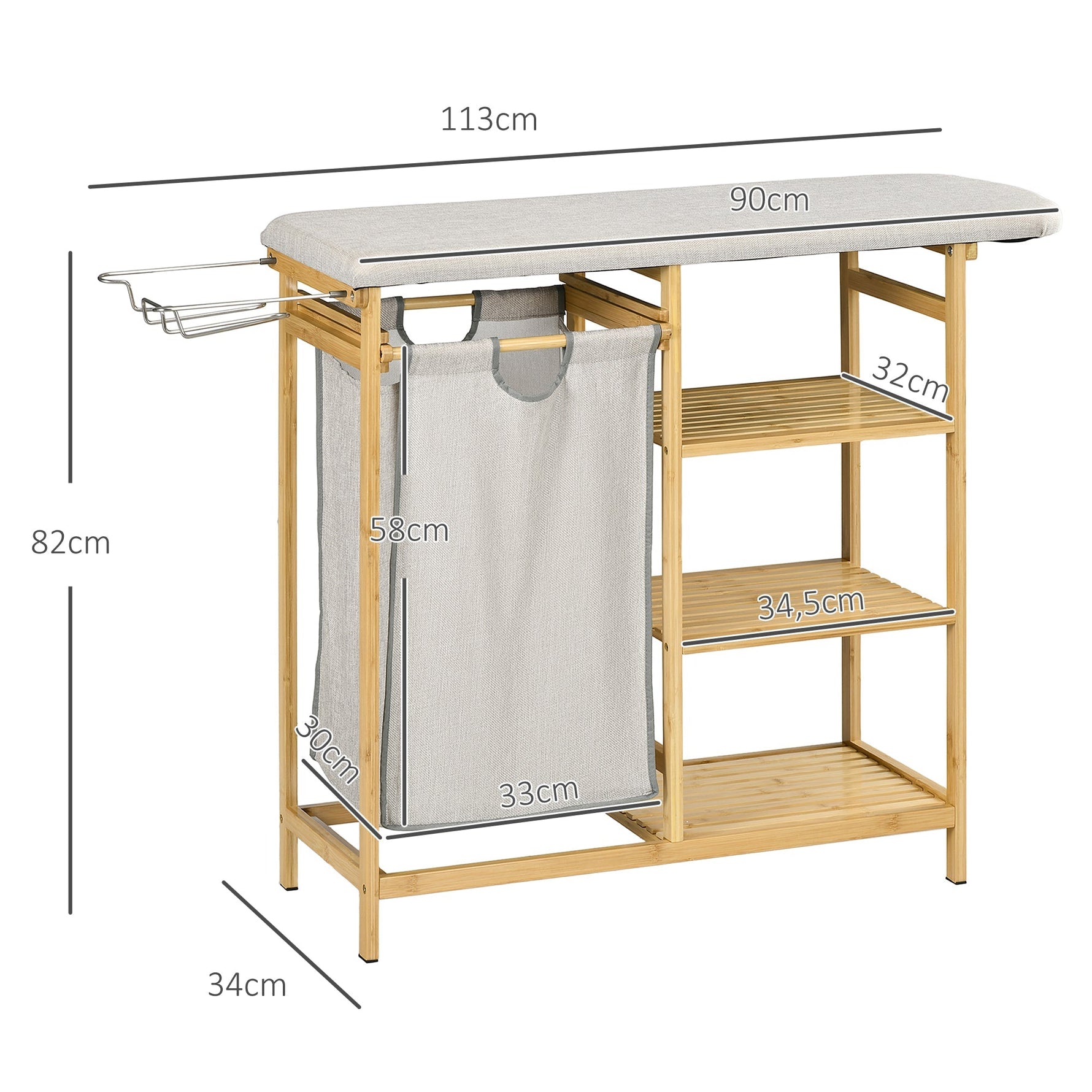 Laundry Basket Hamper with Ironing Board, 3-Tier Shelf, Removable Bag