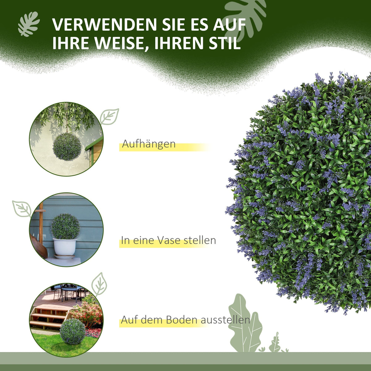 Artificial Lavender, 42 cm Ball Shape, Set of 2, Purple + Green