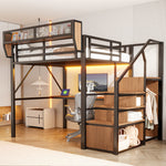 Loft Bed 140x200 with Desk, LED Light & Storage, Black Metal