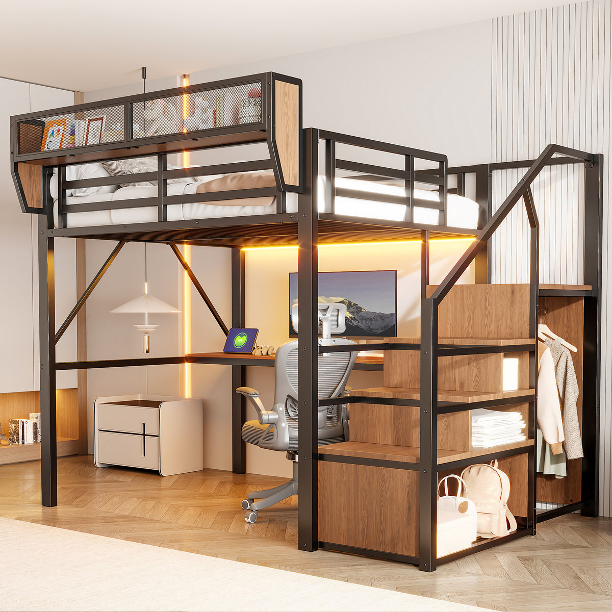 Loft Bed 140x200 with Desk, LED Light & Storage, Black Metal