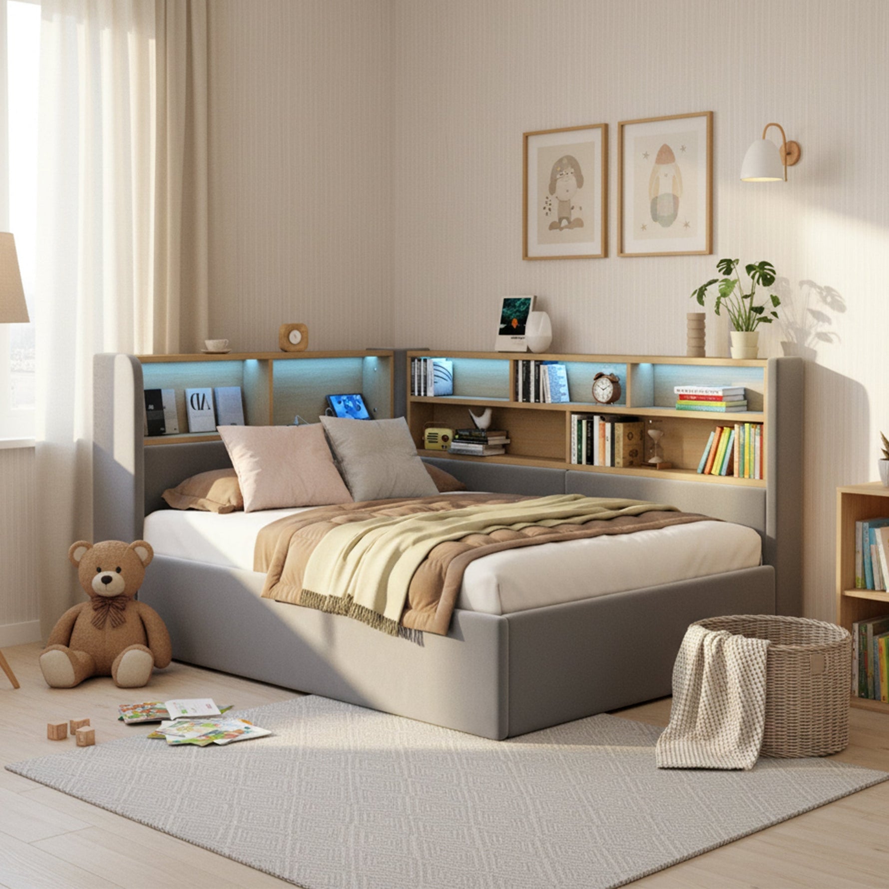 Daybed with Hydraulic Storage, LED and USB, Grey Velvet