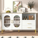 Sideboard Cabinet, 2 Drawers 2 Glass Doors Modern, White Gold Accents