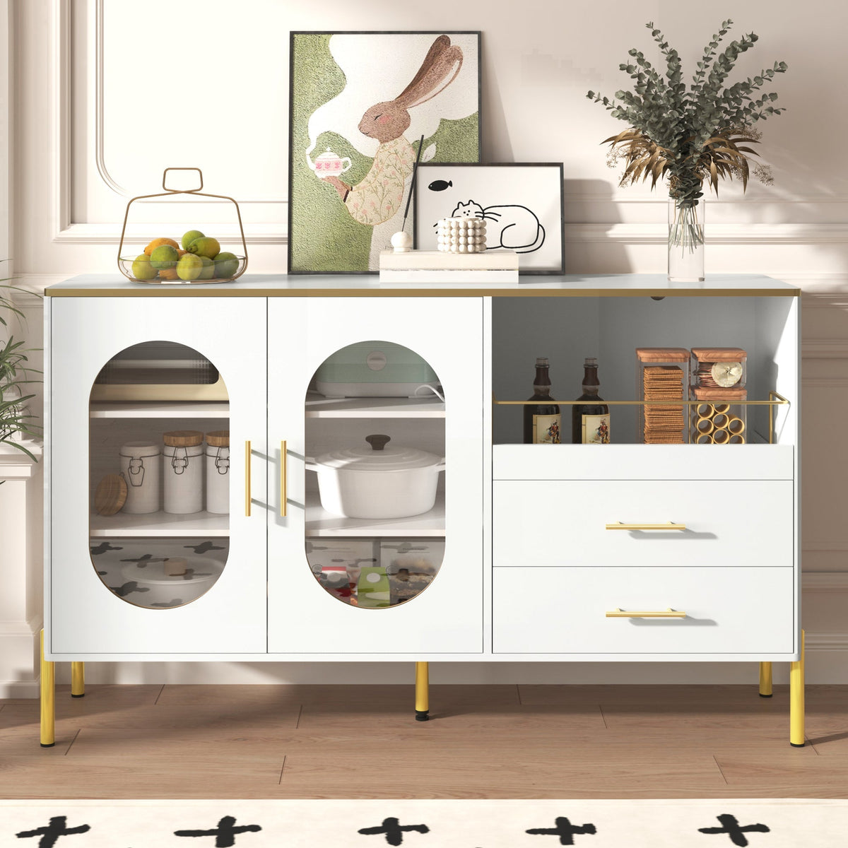 Sideboard Cabinet, 2 Drawers 2 Glass Doors Modern, White Gold Accents
