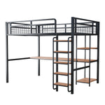 Metal Loft Bed, 140x200 cm with Ladder, Desk & Shelf, Black