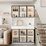 White Display Cabinet with LED Lights and 6 Glass Doors, 200cm High, White and Black Aluminium Frame