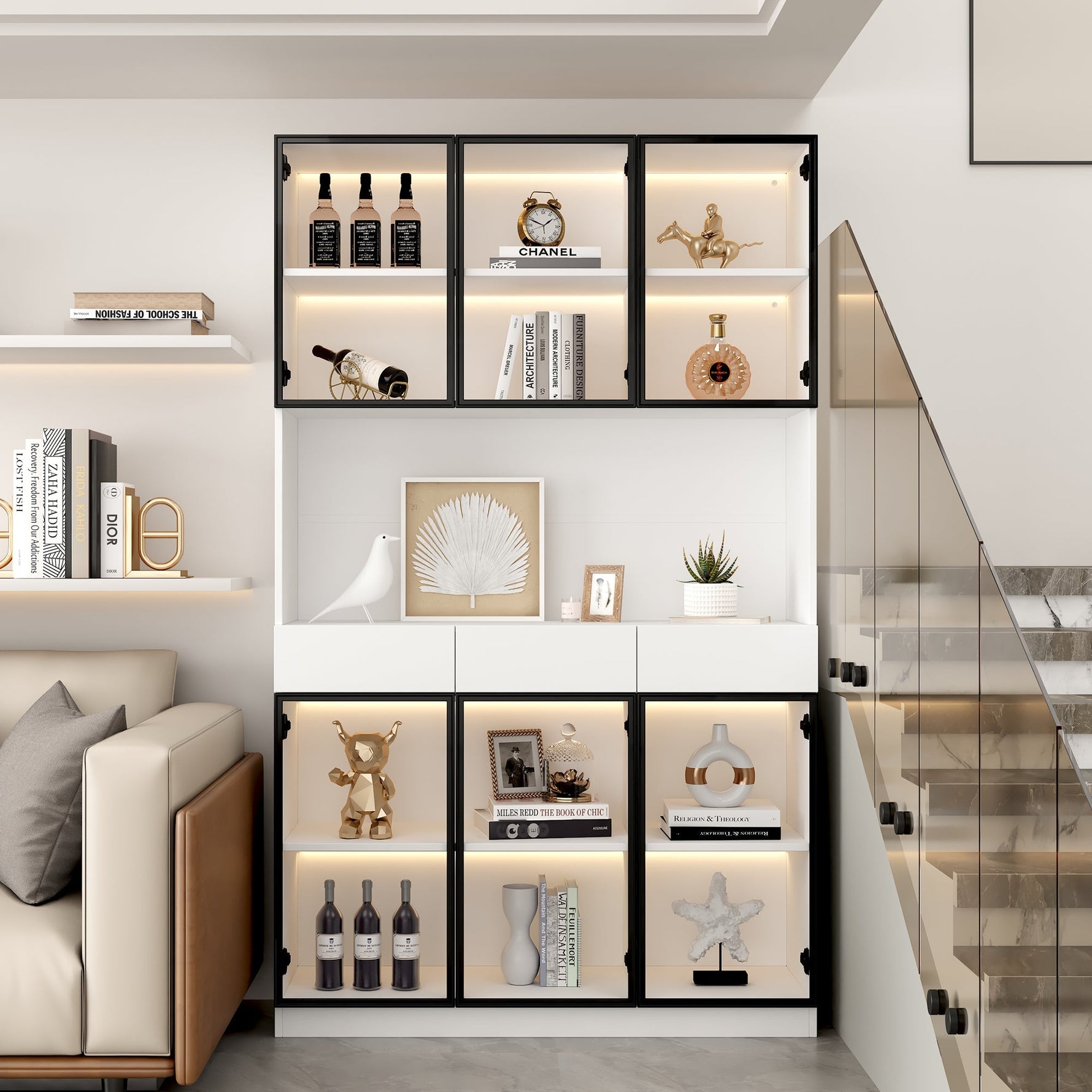 White Display Cabinet with LED Lights and 6 Glass Doors, 200cm High, White and Black Aluminium Frame