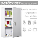 Kleankin first aid cabinet, medicine cabinet with 3 compartments, lockable, white steel