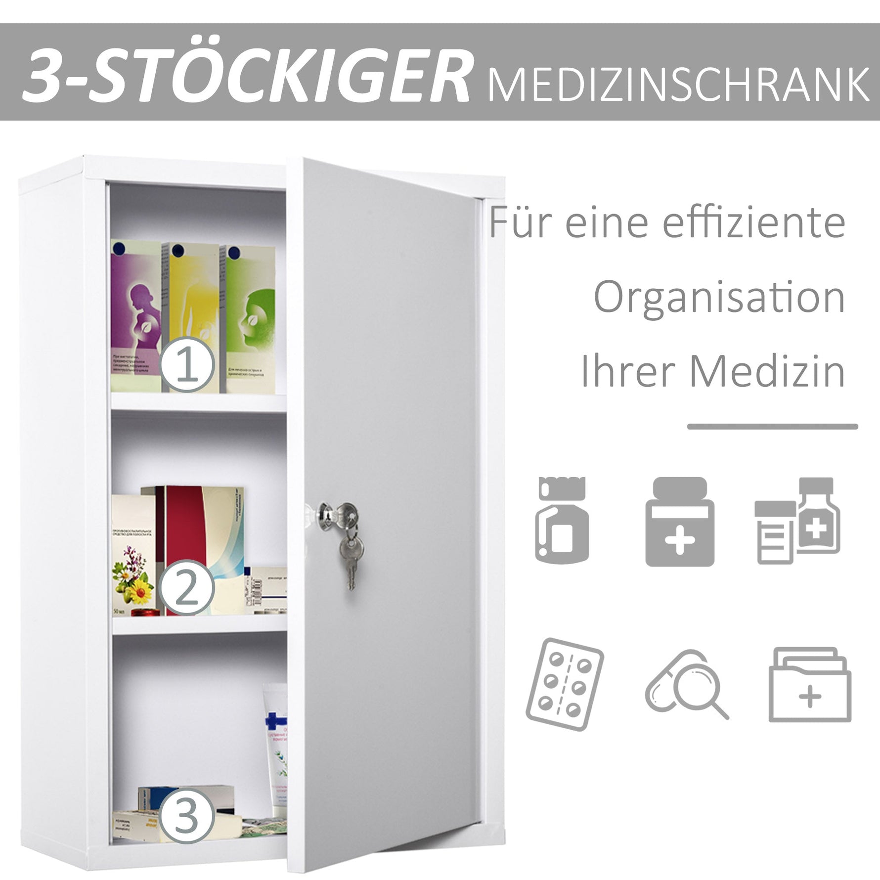 Kleankin first aid cabinet, medicine cabinet with 3 compartments, lockable, white steel