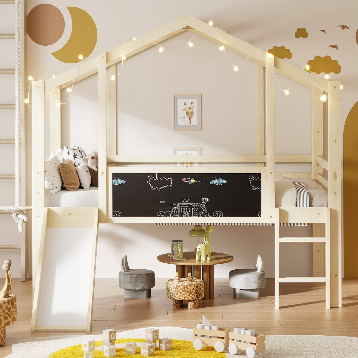 Children's Bed 90x200cm Attic Design Slide Graffiti Board Solid Wood/Wood Color