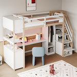 Wooden Loft Bed 90x200cm Wardrobe Desk Storage Stairs LED Sockets Wood Color