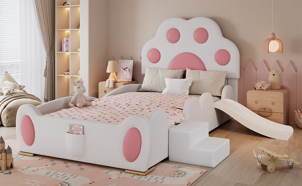 Upholstered Bed, Children's Cat Paw Headboard with Slide & Ladder, PU White + Pink
