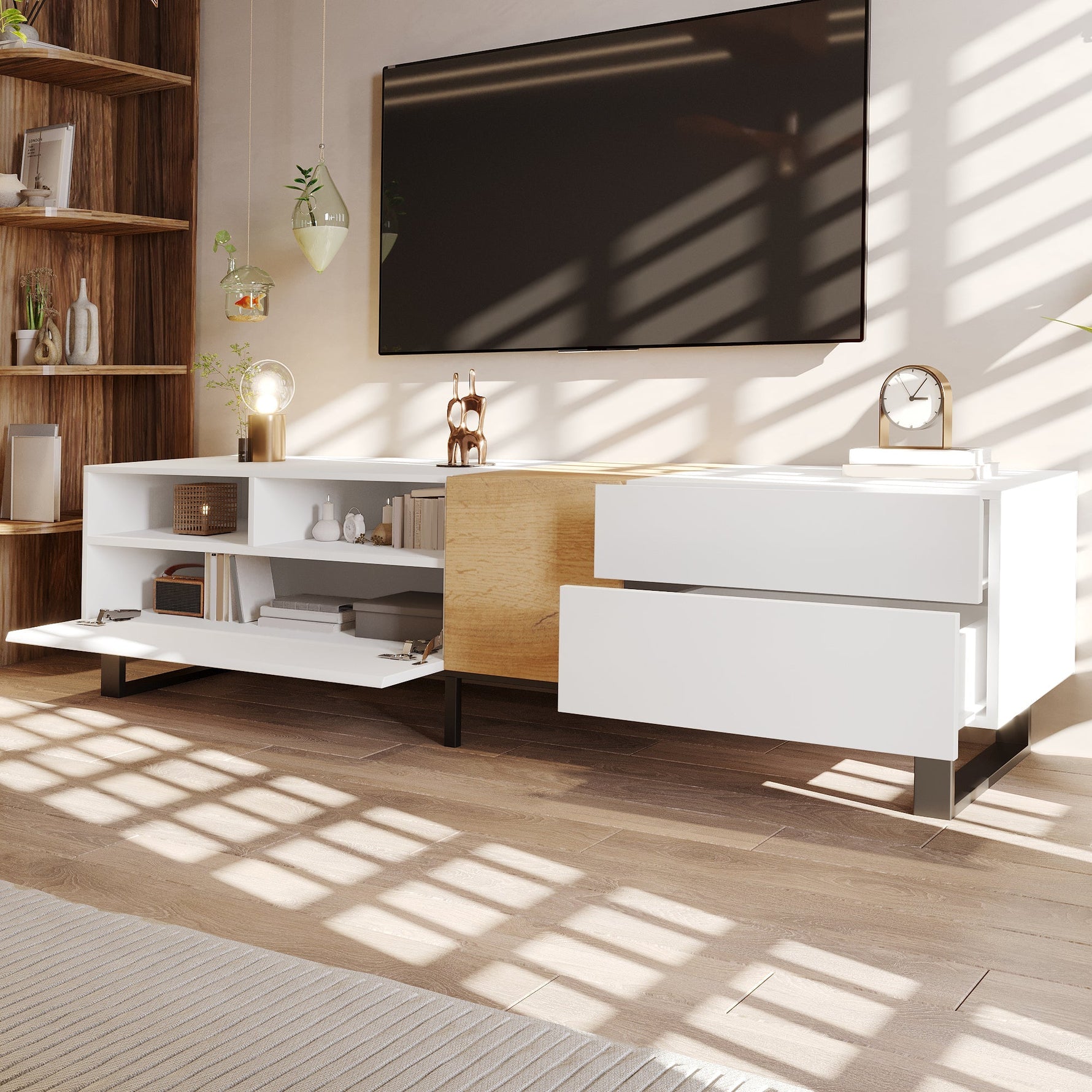 Modern TV Cabinet, Minimalist Design 180x50x38cm, White & Wood Look