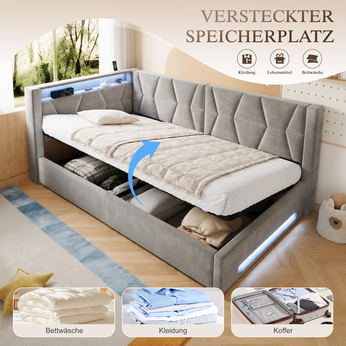 Upholstered Bed 90x200 cm with Storage & LED, Grey Velvet