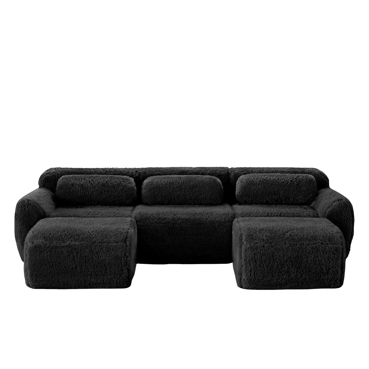 U-shaped Modular Sofa Plush Fabric No Assembly With Cushions - Black