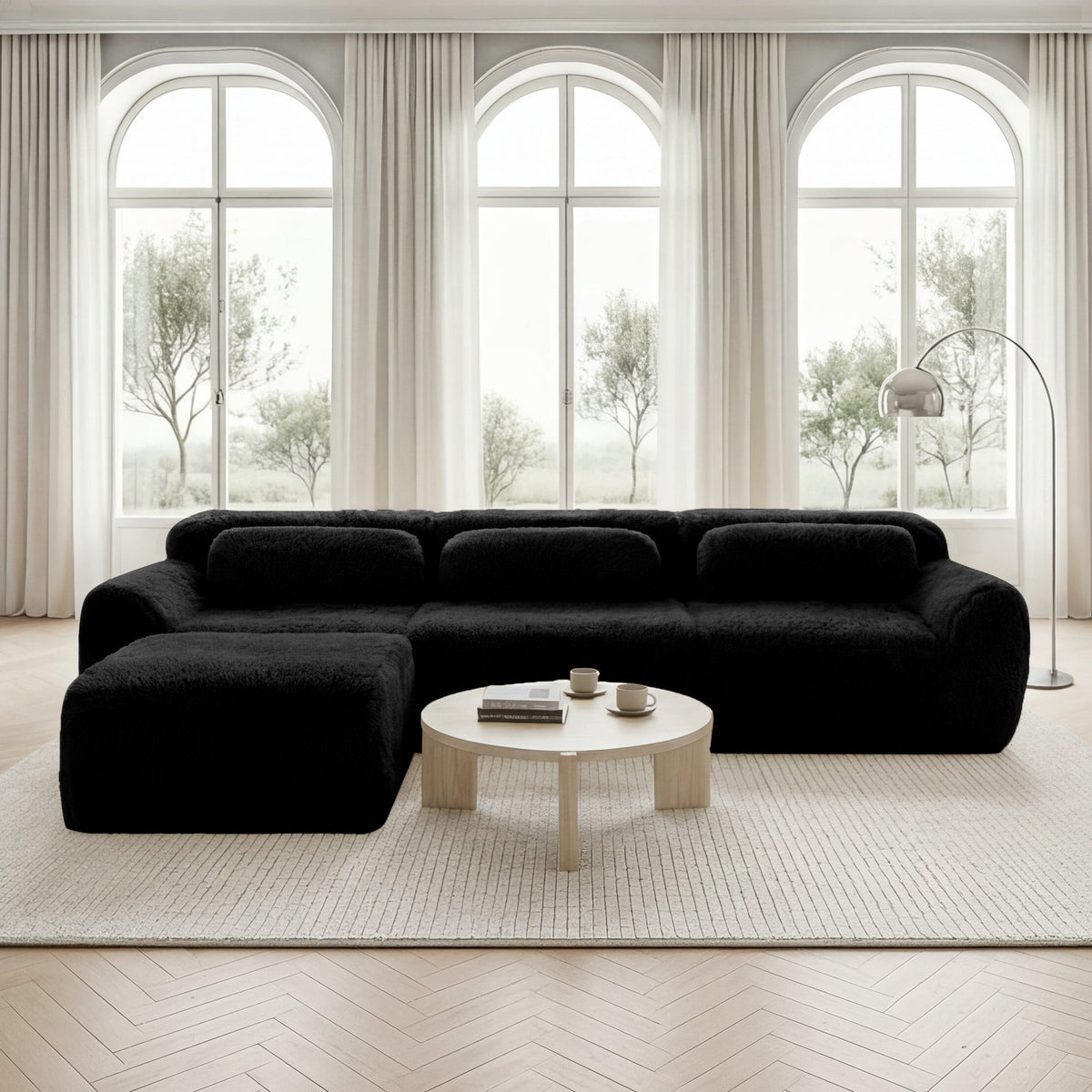 L-shaped Modular Sofa Frameless Deep Seating - Black Plush Fabric