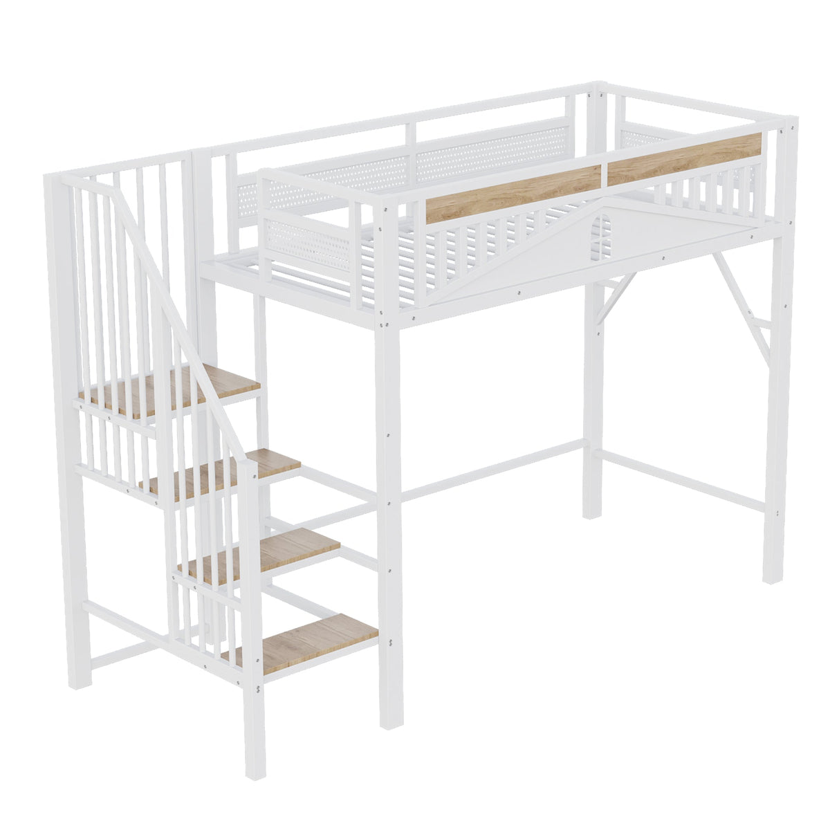 Metal Loft Bed, 90x200cm, Safety Rail with Window & Ladder, White