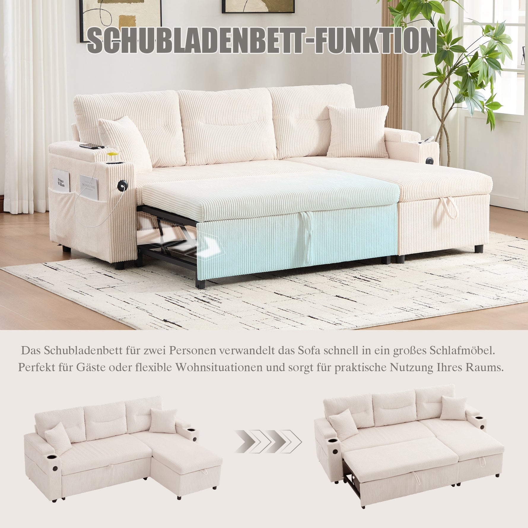 Sofa Bed 3-Seater Hydraulic Chaise Storage USB-C Cup Holders Corduroy