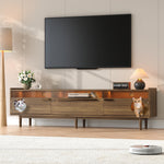 Modern TV Cabinet LED Lighting Cat Rest Area Glass Doors 1 Drawer, Walnut Color