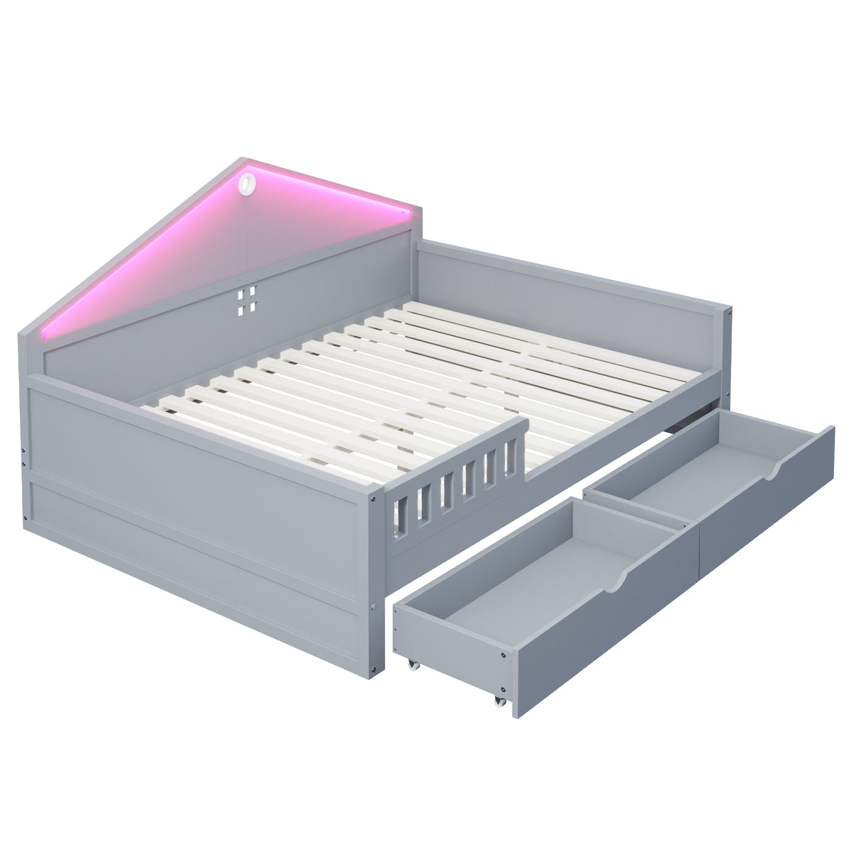 Children's Bed 140x200cm with Light Strip & Drawers, Grey