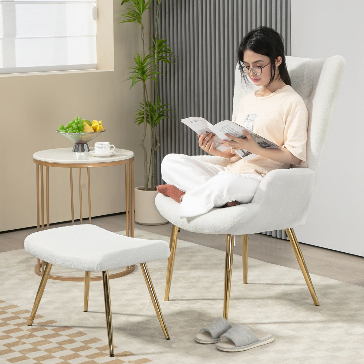 Wingback Chair with Footstool, High Back Armchair, Sherpa White
