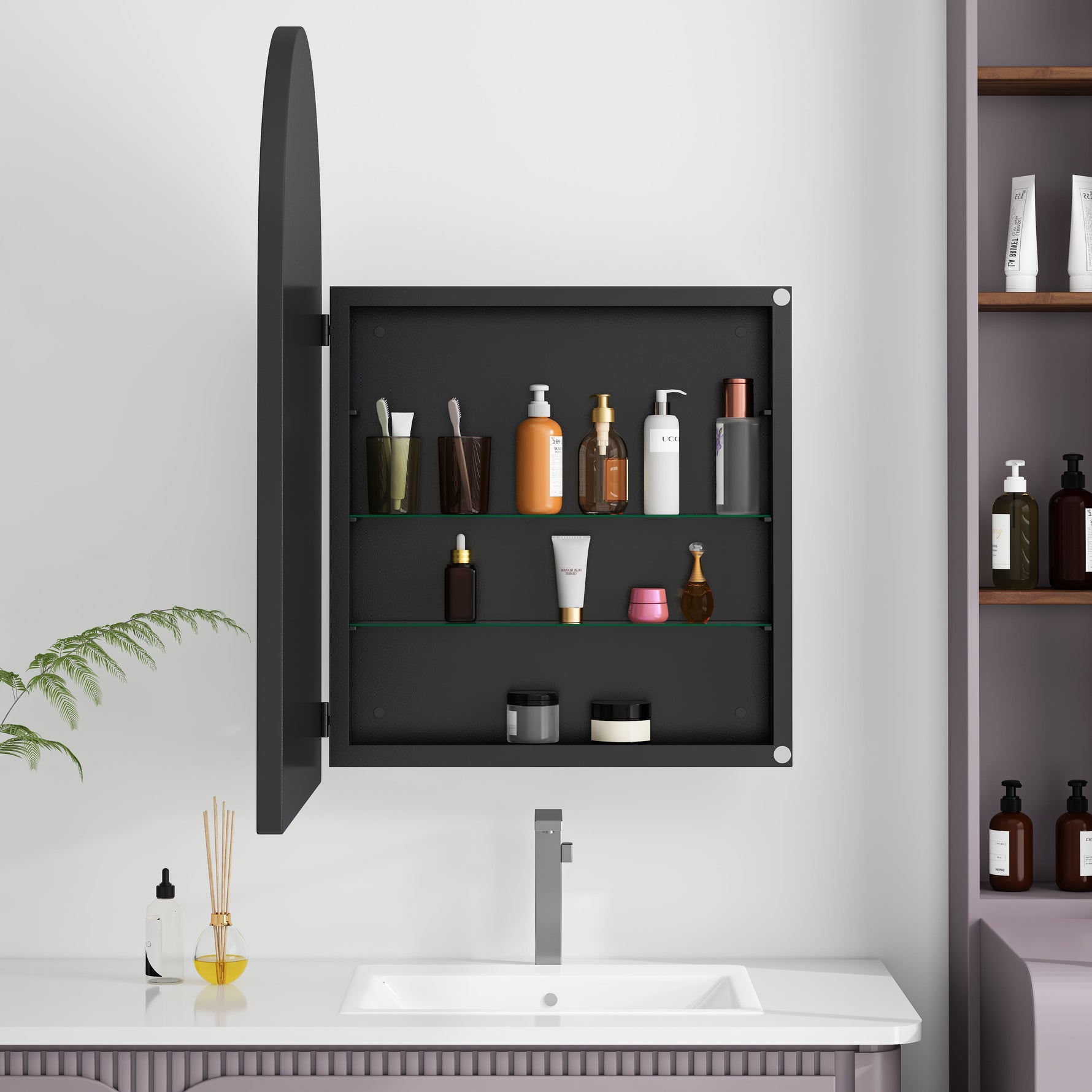 Arched Mirror Cabinet, Recessed Medicine Wall Storage, Black Metal Framed