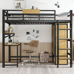 Iron Loft Bed, 90x200cm, Wardrobe Desk Stairs Storage, Black/Natural Iron + MDF