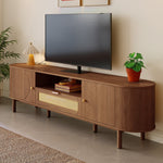 Modern TV Cabinet Rattan Drawers Open Shelves Rounded Top Wood Look Metal Legs
