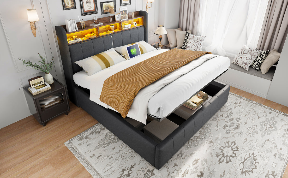Upholstered Double Bed with USB & LED 180x200cm, Linen