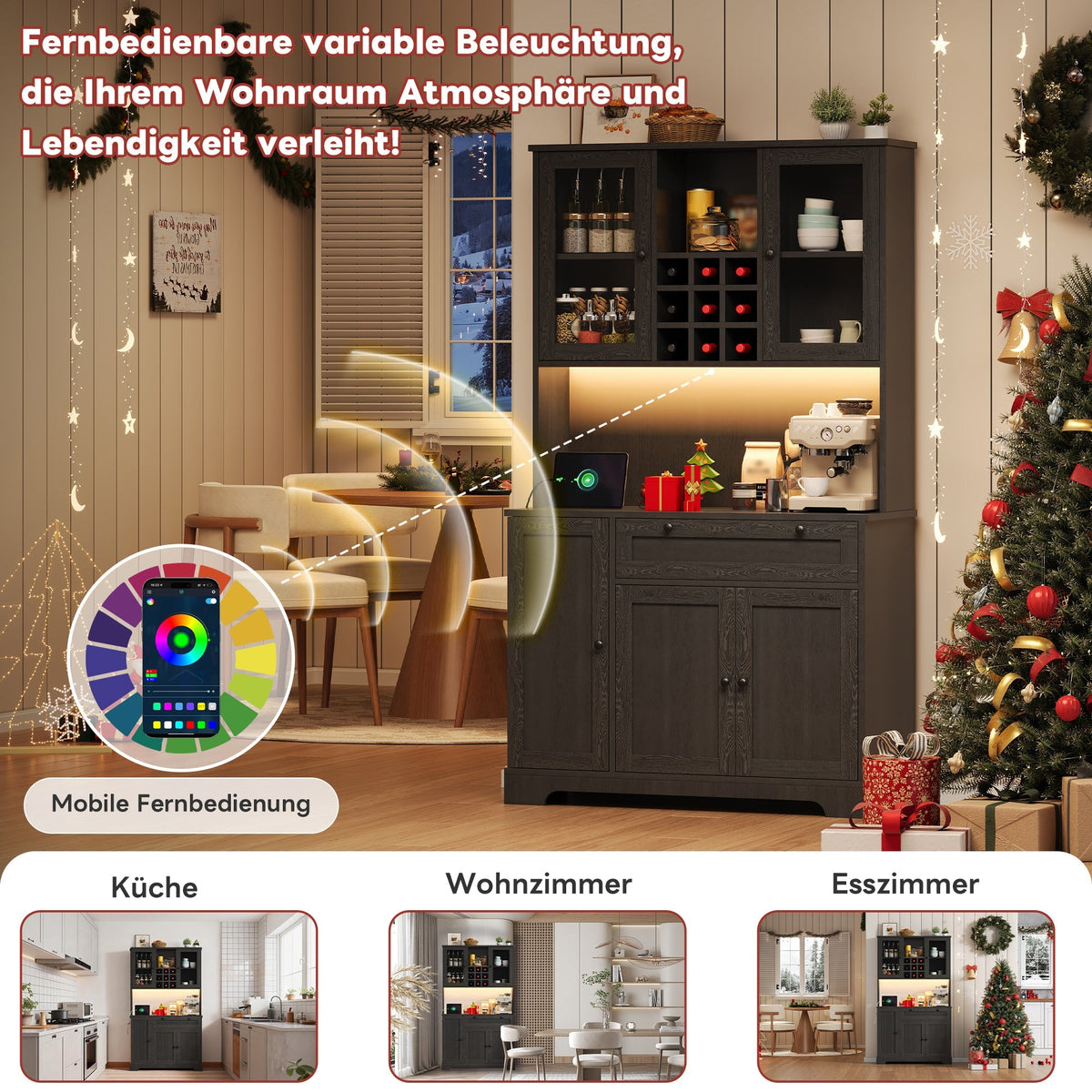 Kitchen Cabinet with LED Lighting, Power Outlet and Spice Rack, 180 x 105 x 40 cm