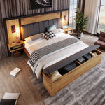 Upholstered Bed 160x200 with Reading Lamp, USB C, Storage Bench - Metal, Wood, Linen, Oak