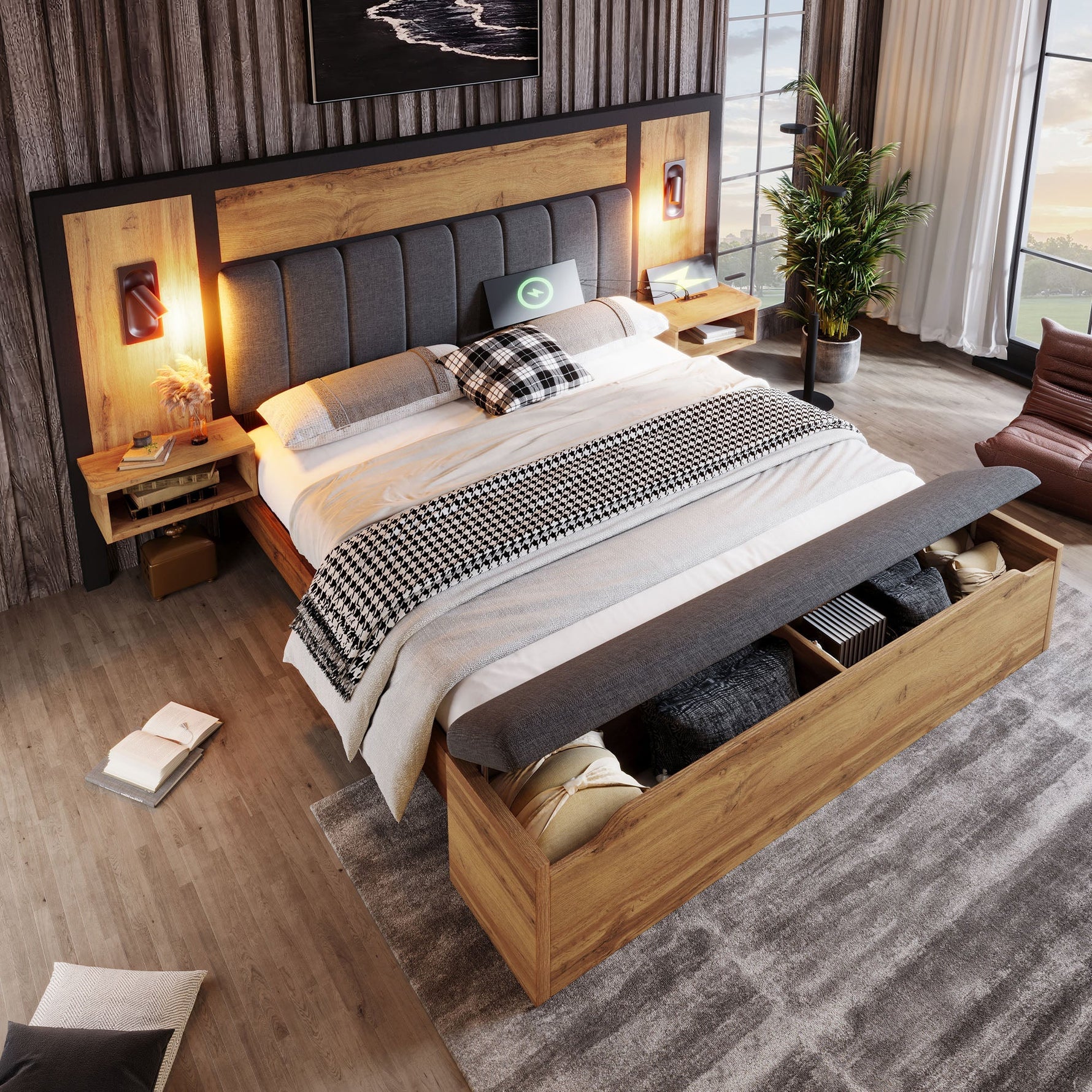 Upholstered Bed 160x200 with Reading Lamp, USB C, Storage Bench - Metal, Wood, Linen, Oak