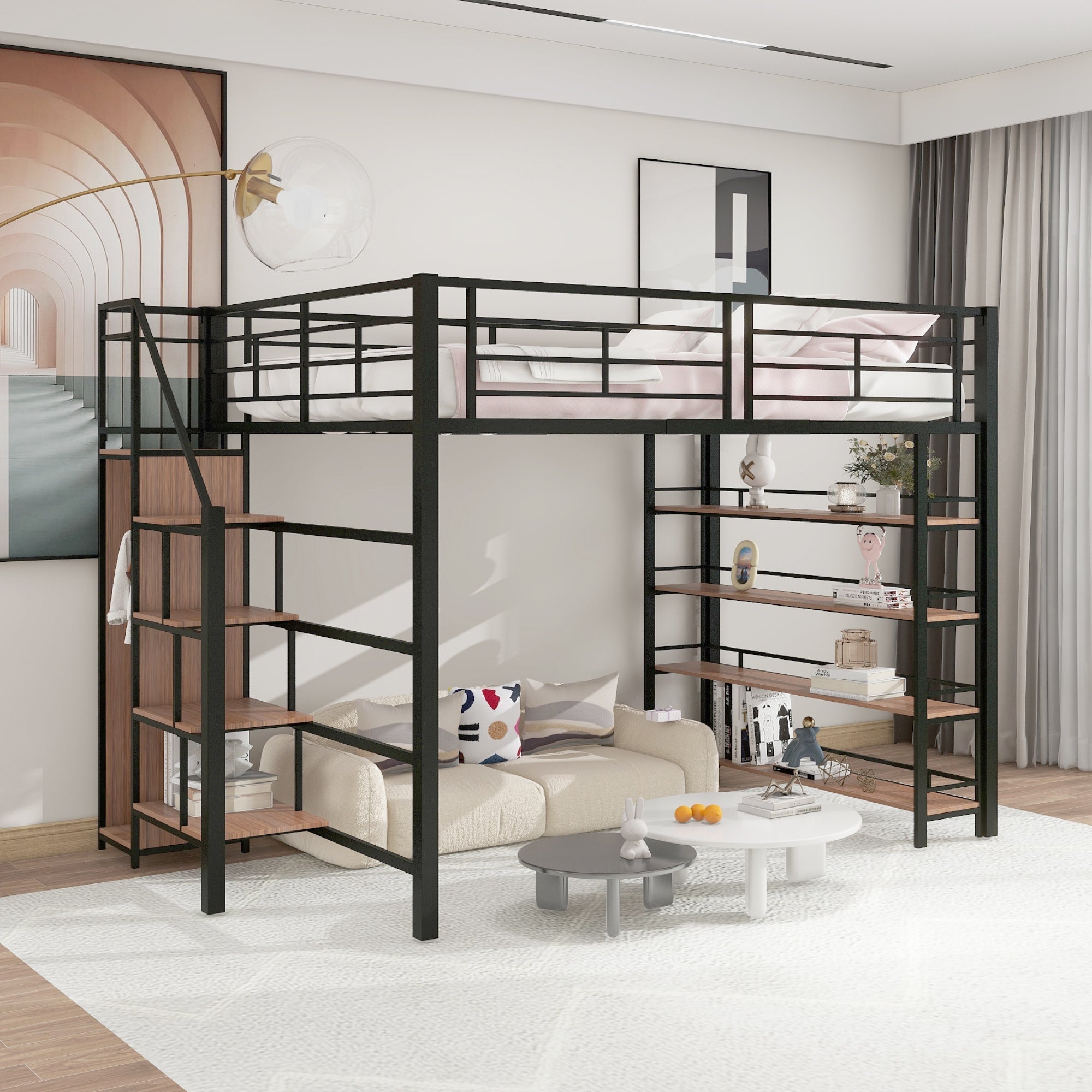 Loft Bed 140*200, Safety Stairs, Storage, Wardrobe, Shelves, Black