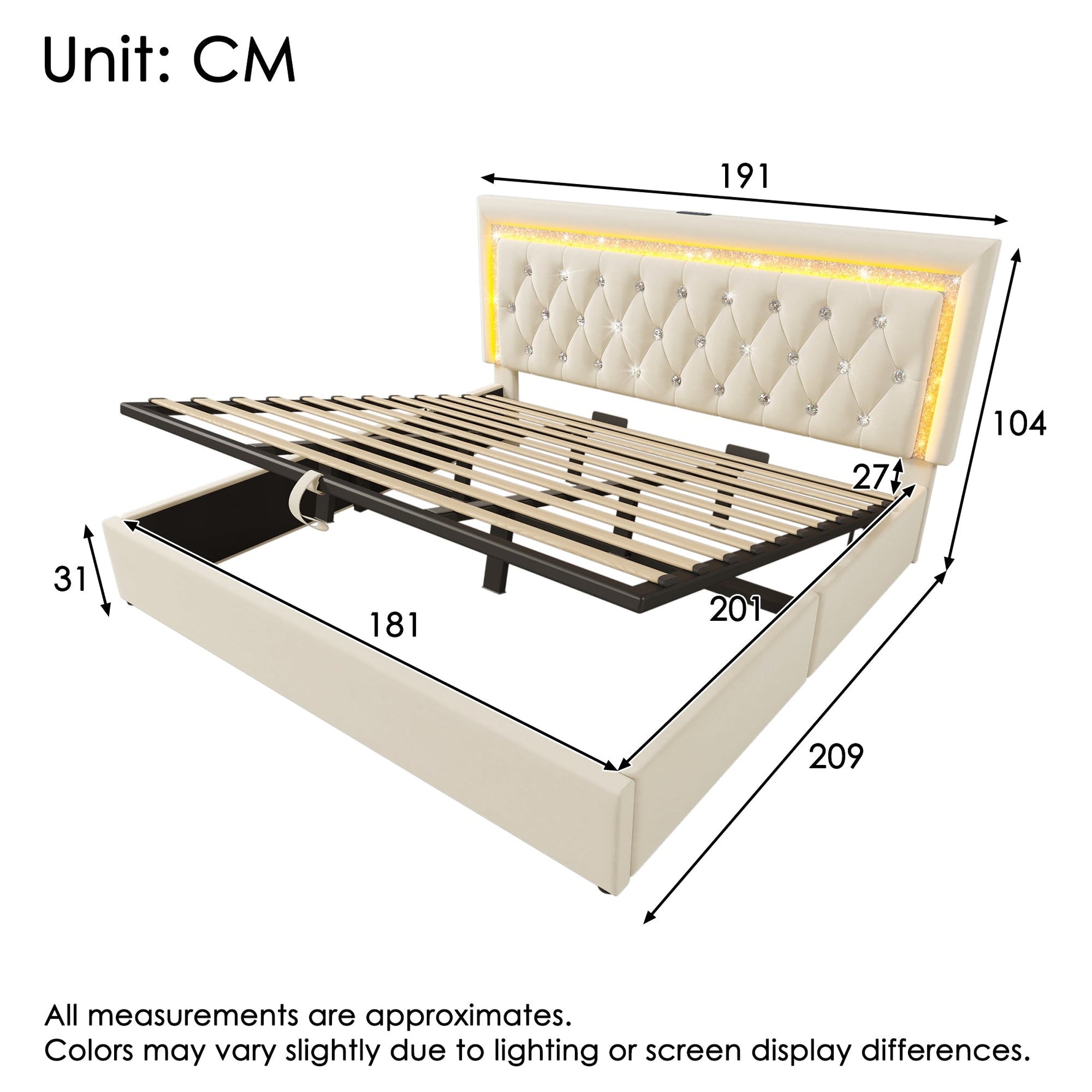 Upholstered Bed with LED Diamond Strip, USB Charging and Hydraulic Storage, Beige Velvet