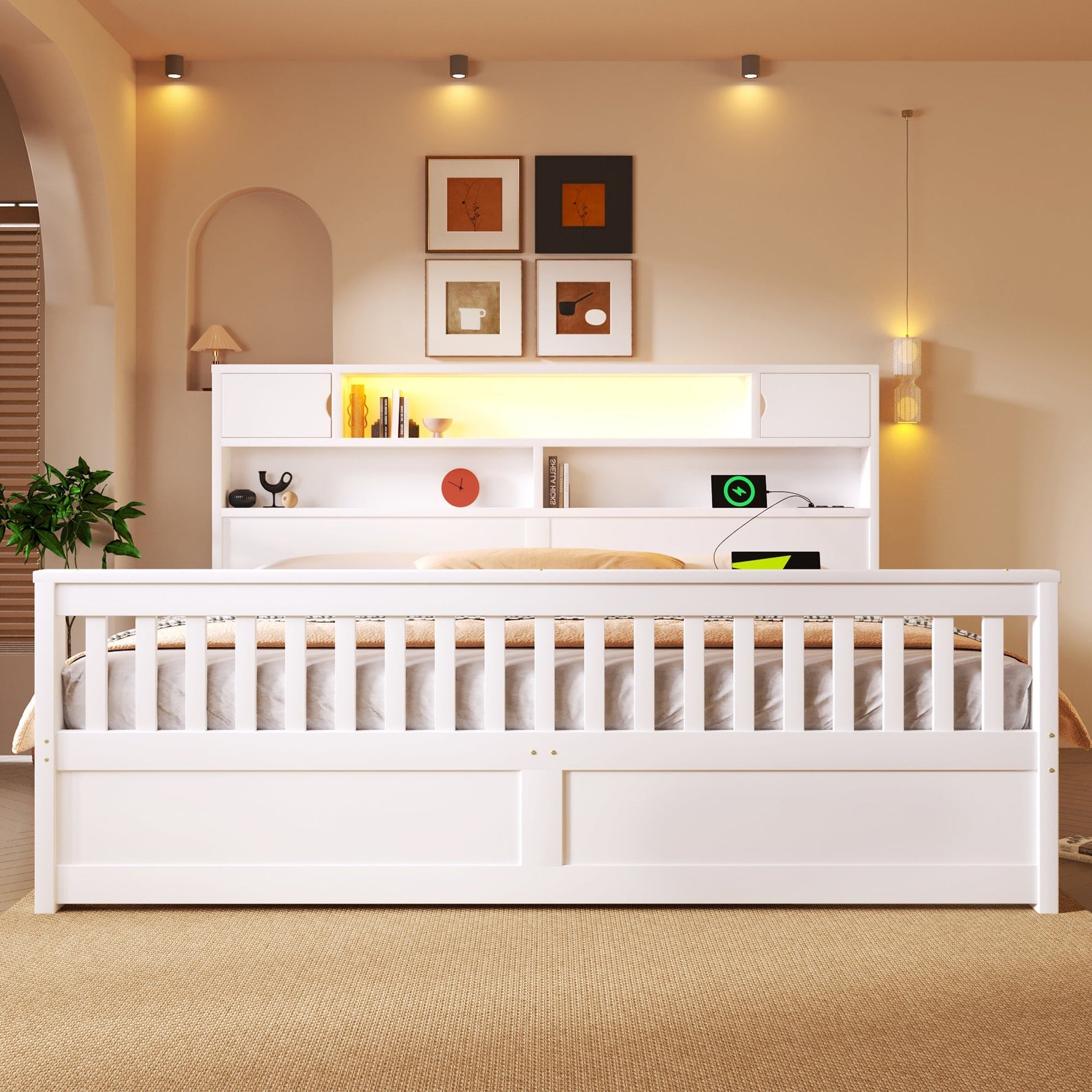 Platform Bed Frame with Storage Shelves, LED, USB and 4 Drawers, 180x200cm, White