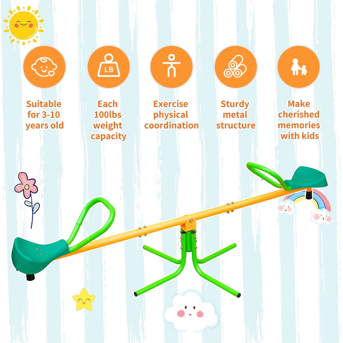 Kids Seesaw Outdoor Teeter Board Non-Slip Handle, Green Yellow