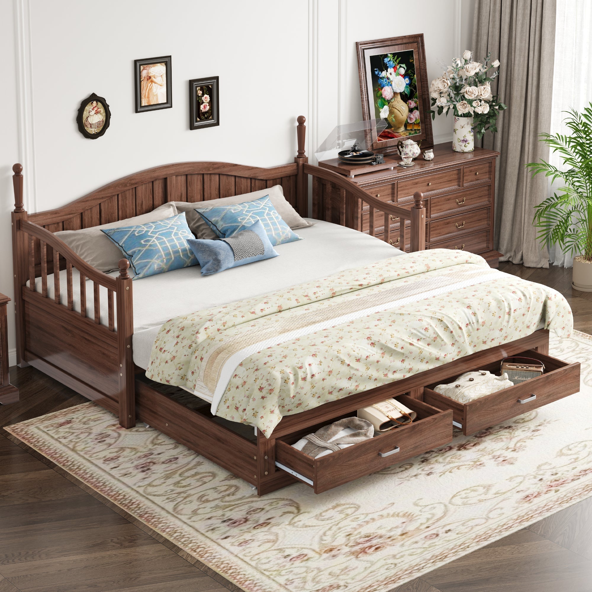 Sofa Bed, Pull-Out 90/180*190cm with Drawers & Slatted Frame, Solid Pinewood Walnut