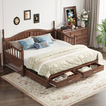 Sofa Bed, Pull-Out 90/180*190cm with Drawers & Slatted Frame, Solid Pinewood Walnut